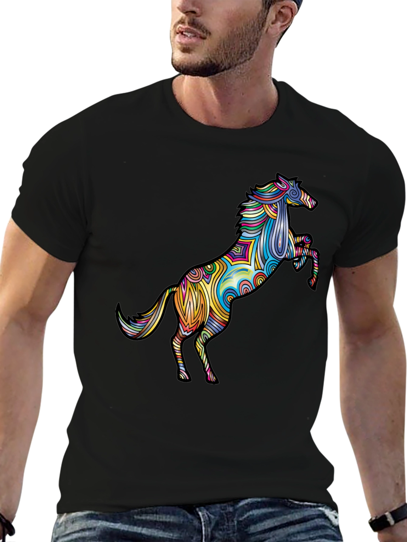 Vivid Psychedelic Horse Graphic Tee - Black T-Shirt