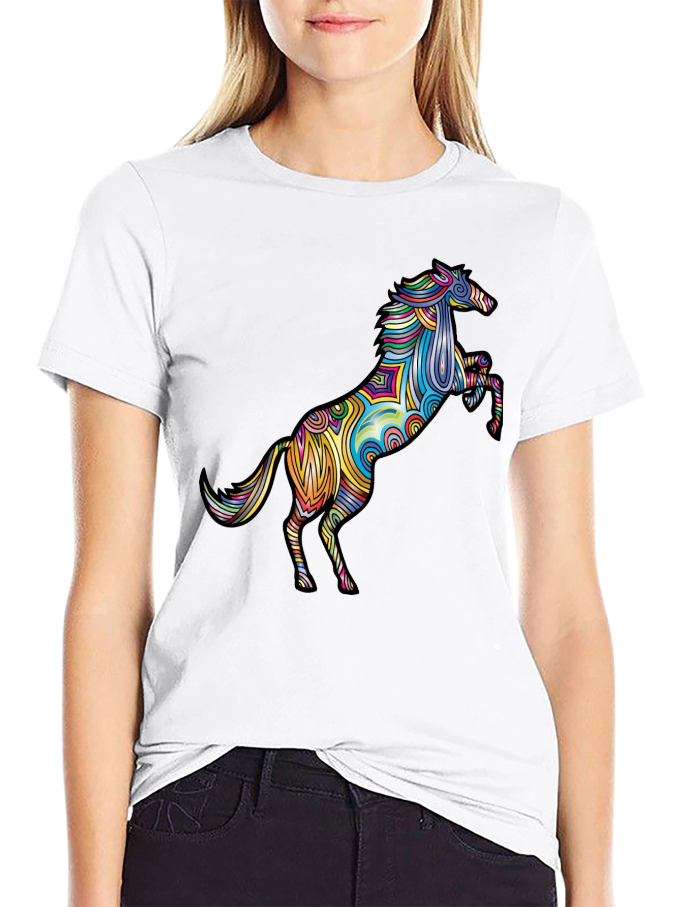 Vivid Psychedelic Horse Graphic Tee - Black T-Shirt