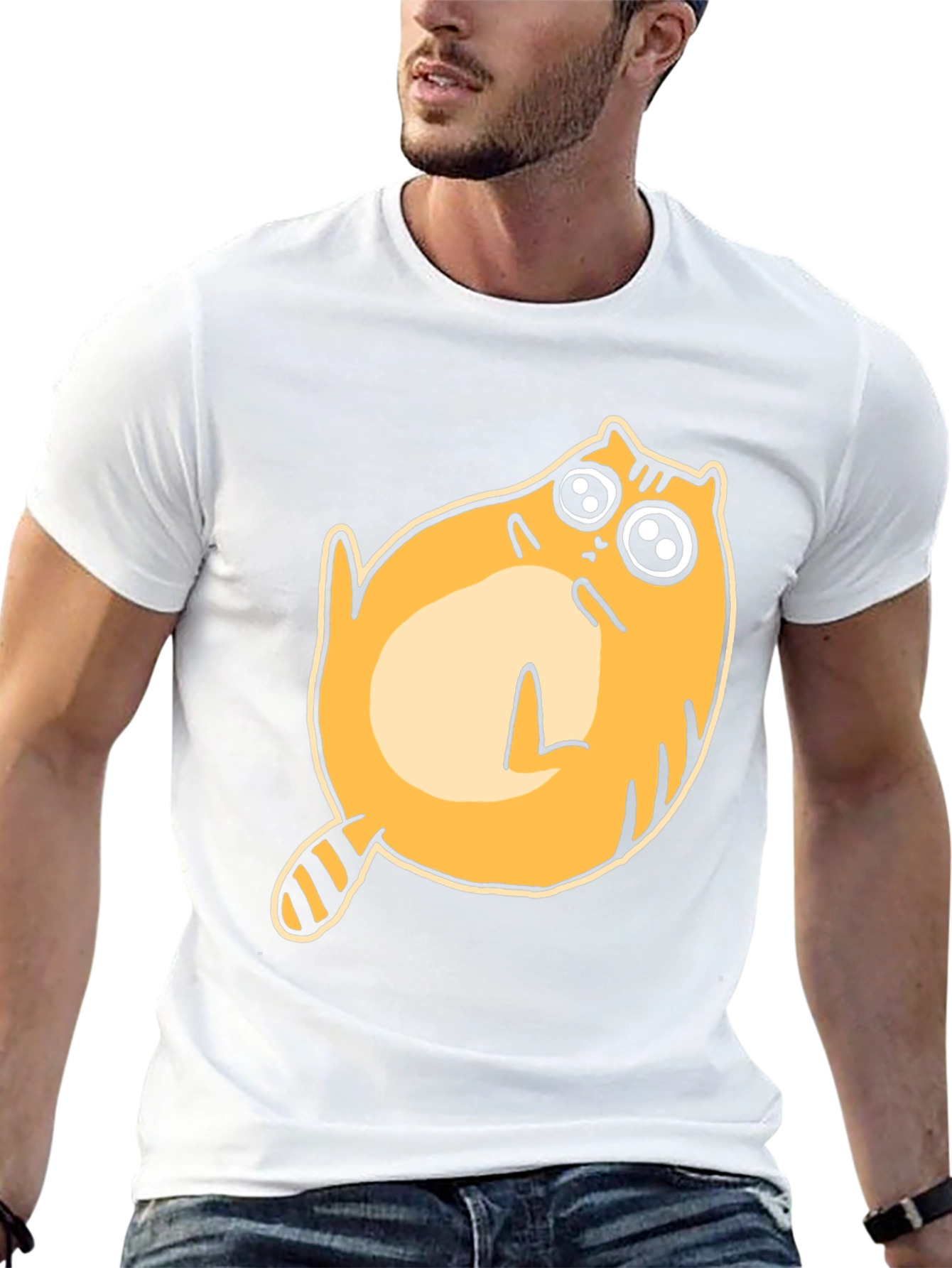 Cartoon Cat Graphic T-Shirt - Black Crew Neck Tee