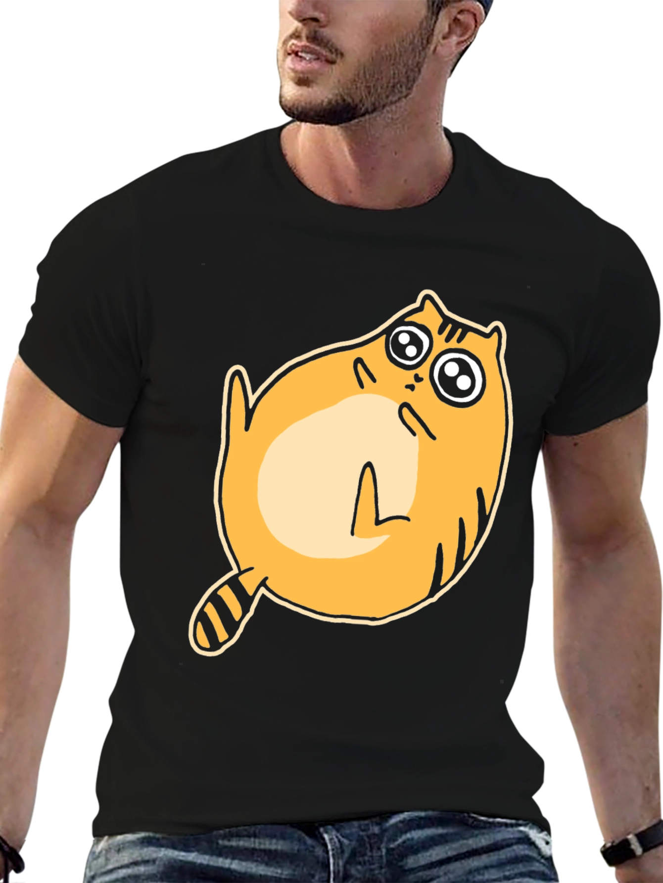 Cartoon Cat Graphic T-Shirt - Black Crew Neck Tee