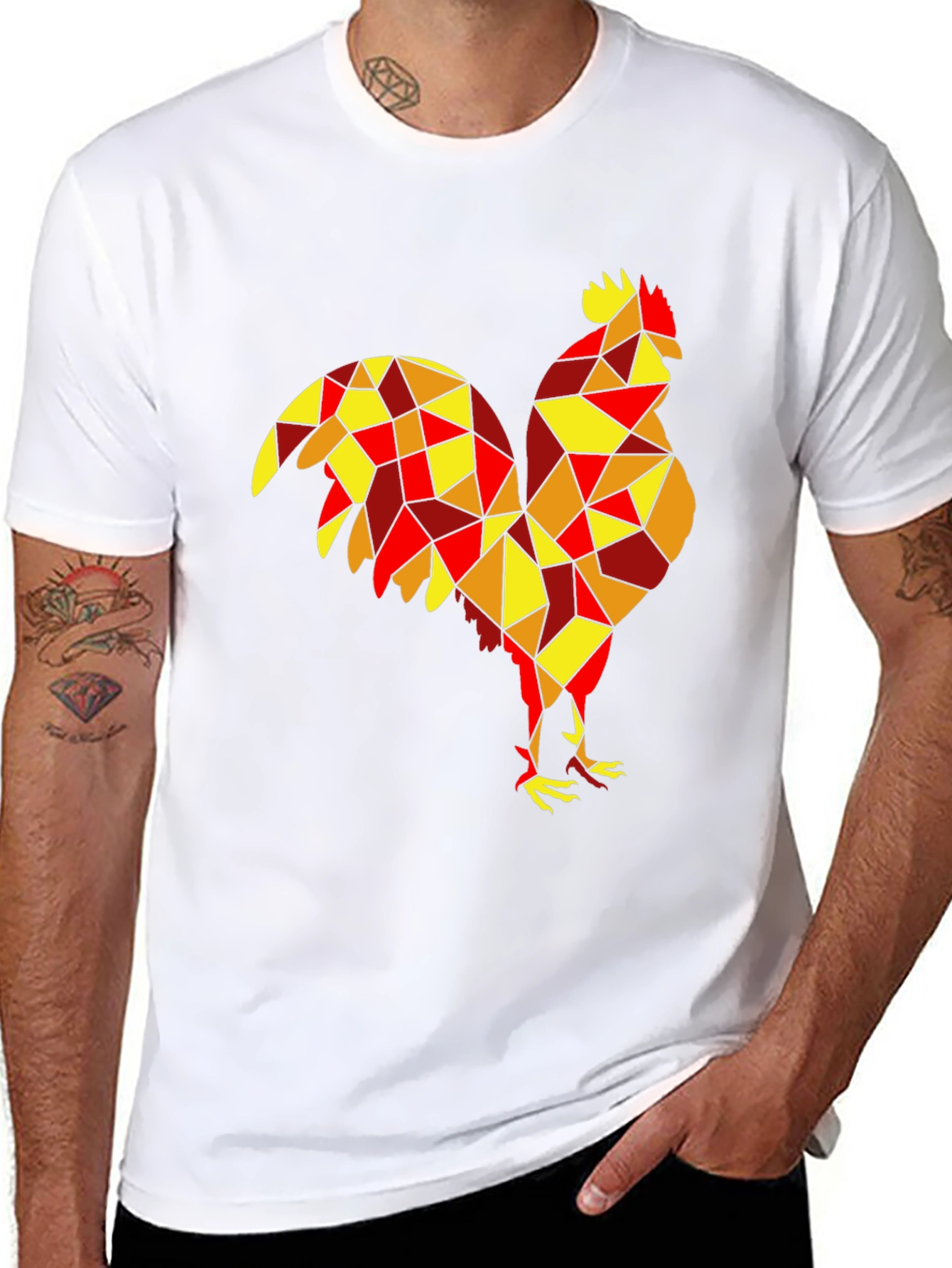 Geometric Rooster Graphic Tee - Black Cotton Shirt