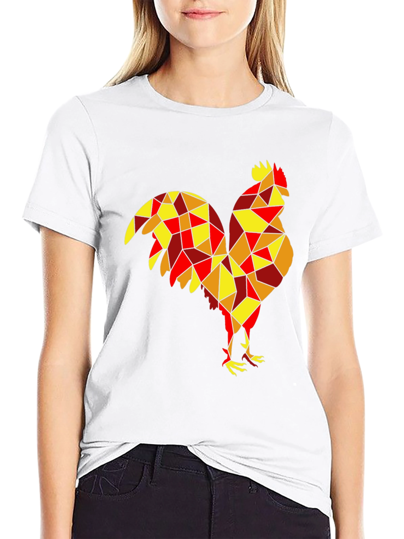 Geometric Rooster Graphic Tee - Black Cotton Shirt