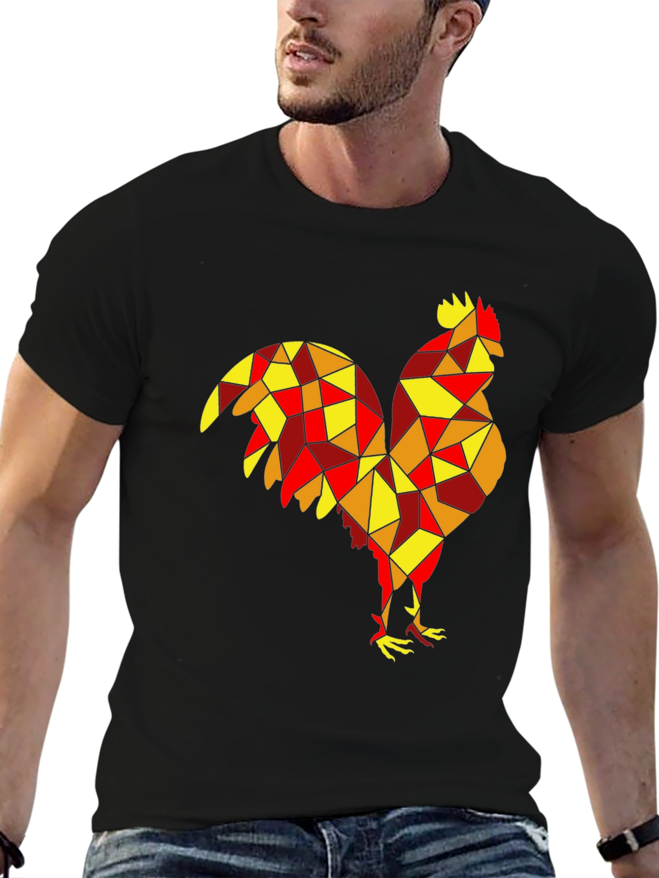 Geometric Rooster Graphic Tee - Black Cotton Shirt