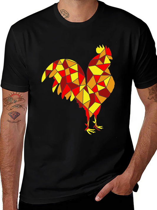 Geometric Rooster Graphic Tee - Black Cotton Shirt