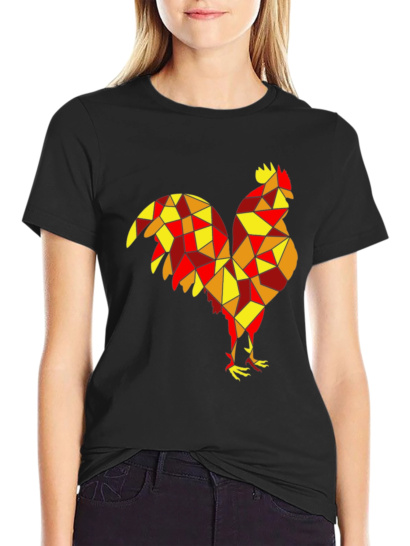 Geometric Rooster Graphic Tee - Black Cotton Shirt