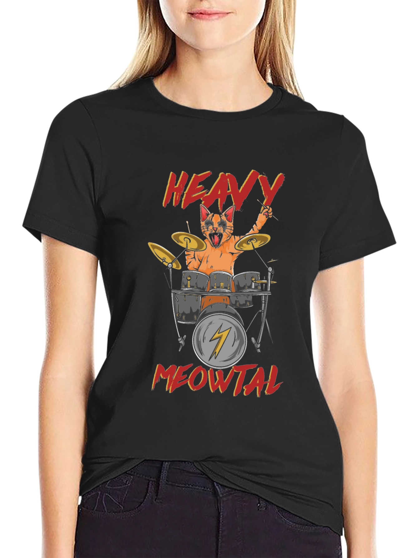 Heavy Meowtal Cat Drummer Black T-Shirt