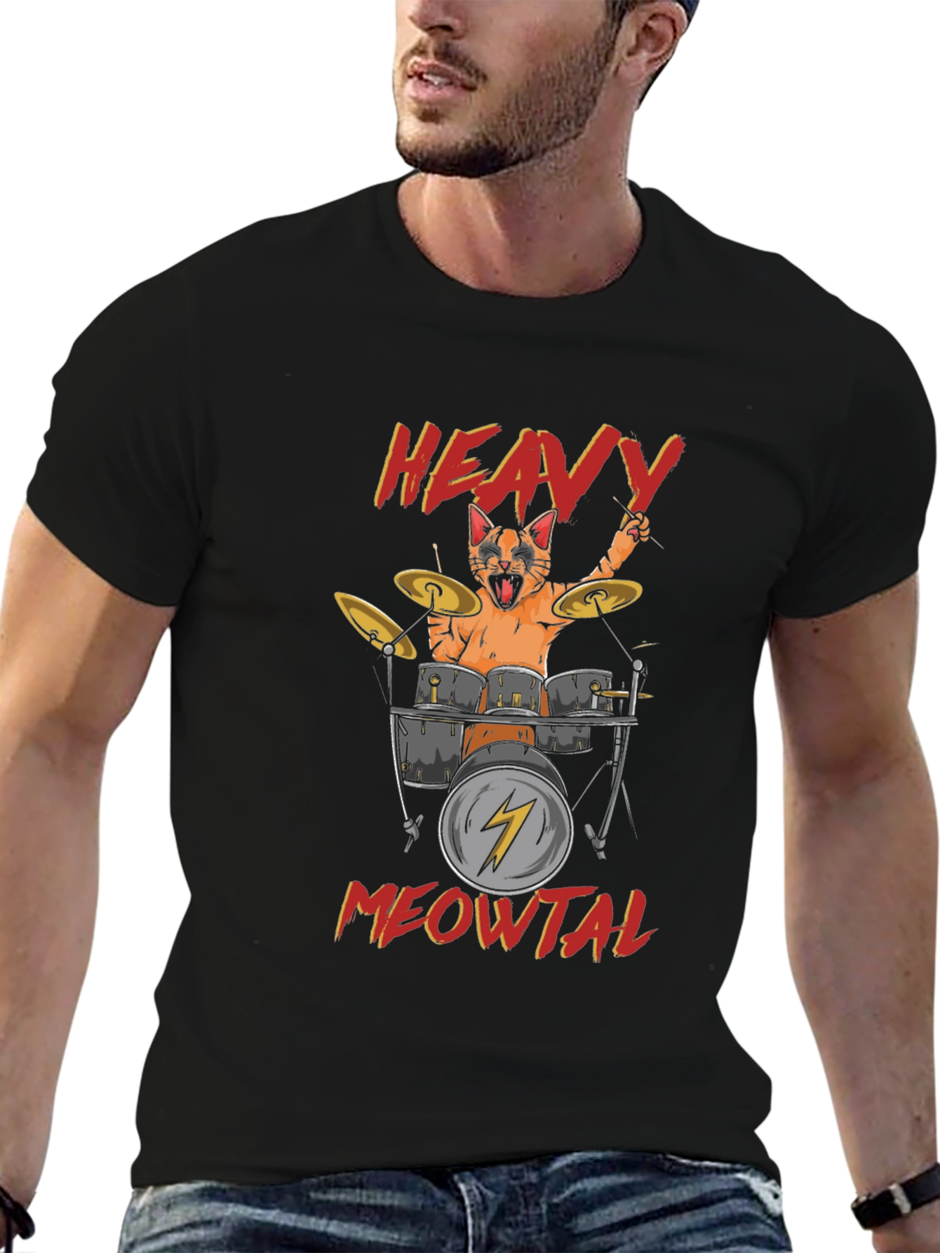 Heavy Meowtal Cat Drummer Black T-Shirt