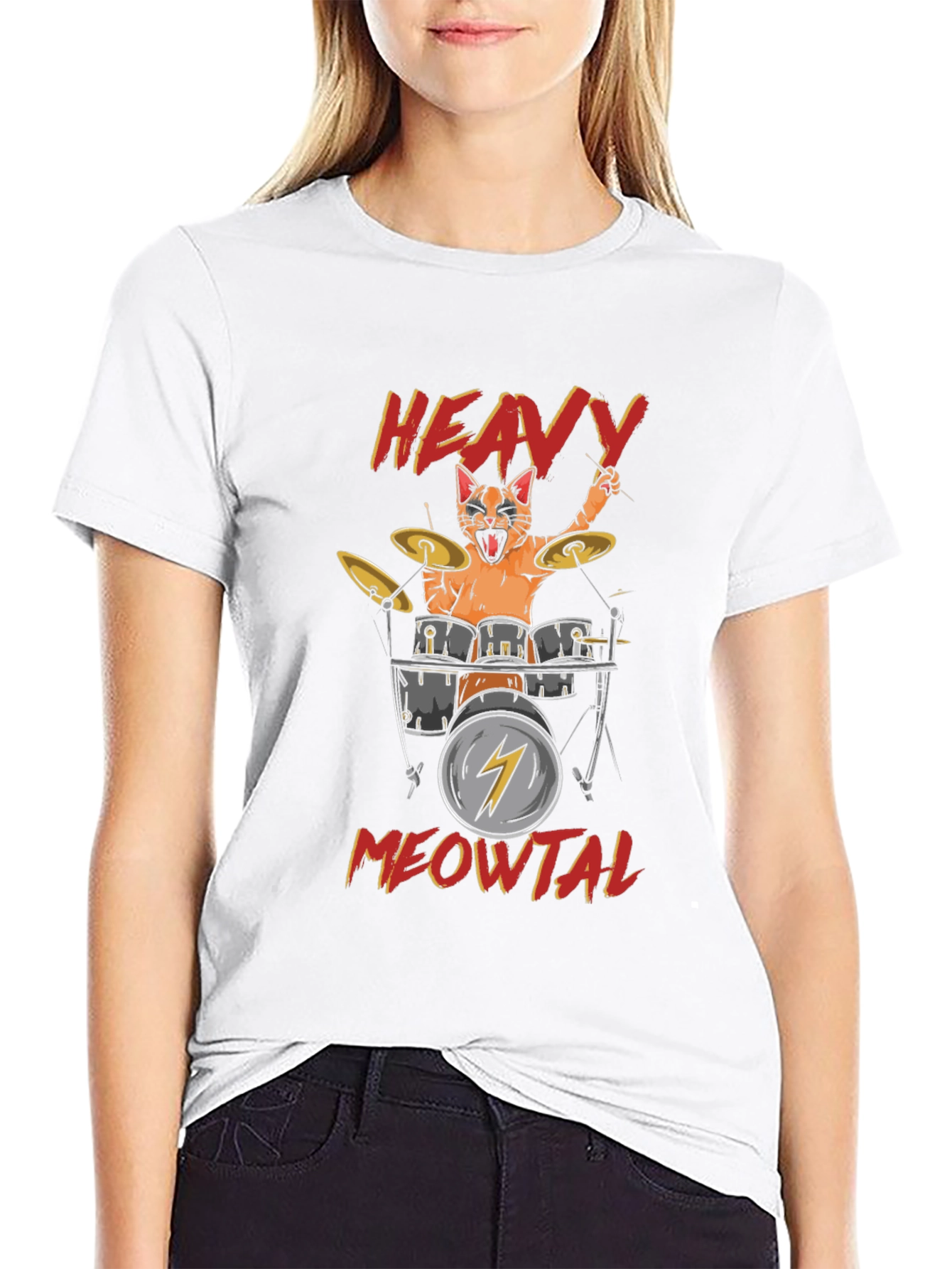 Heavy Meowtal Cat Drummer Black T-Shirt