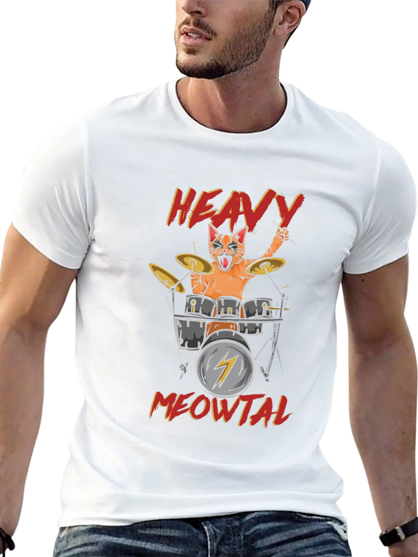 Heavy Meowtal Cat Drummer Black T-Shirt