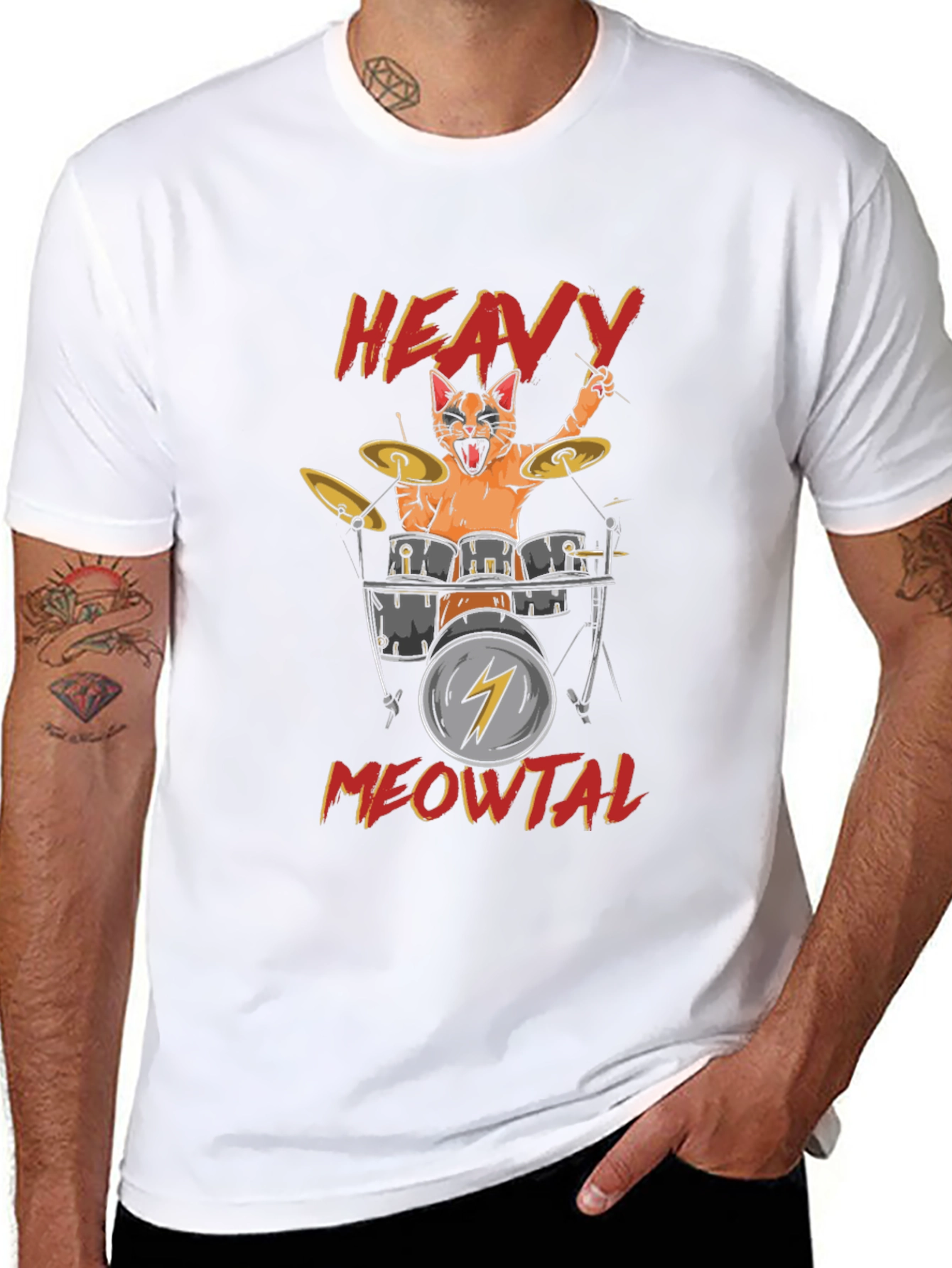 Heavy Meowtal Cat Drummer Black T-Shirt