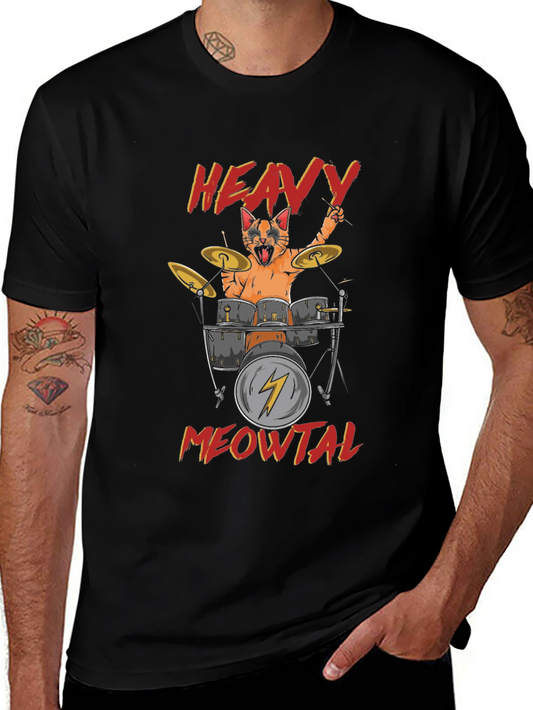 Heavy Meowtal Cat Drummer Black T-Shirt