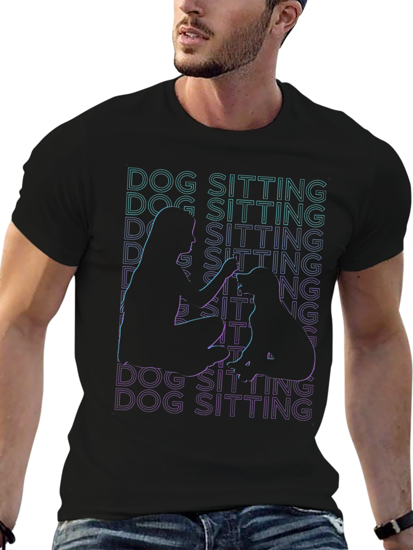 Dog Sitting Graphic T-Shirt - Black Crew Neck