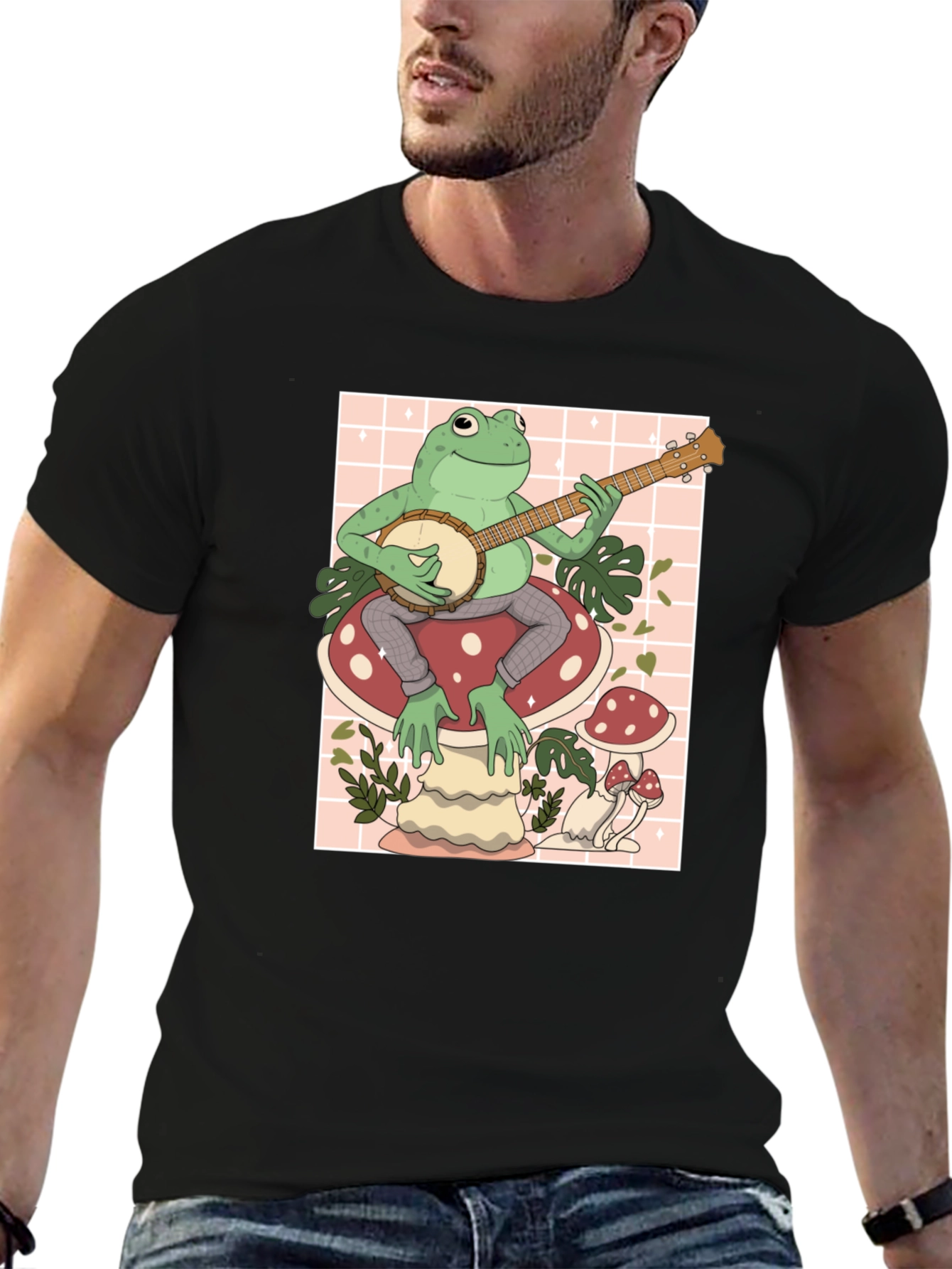 Frog on Mushroom Playing Banjo Graphic Tee