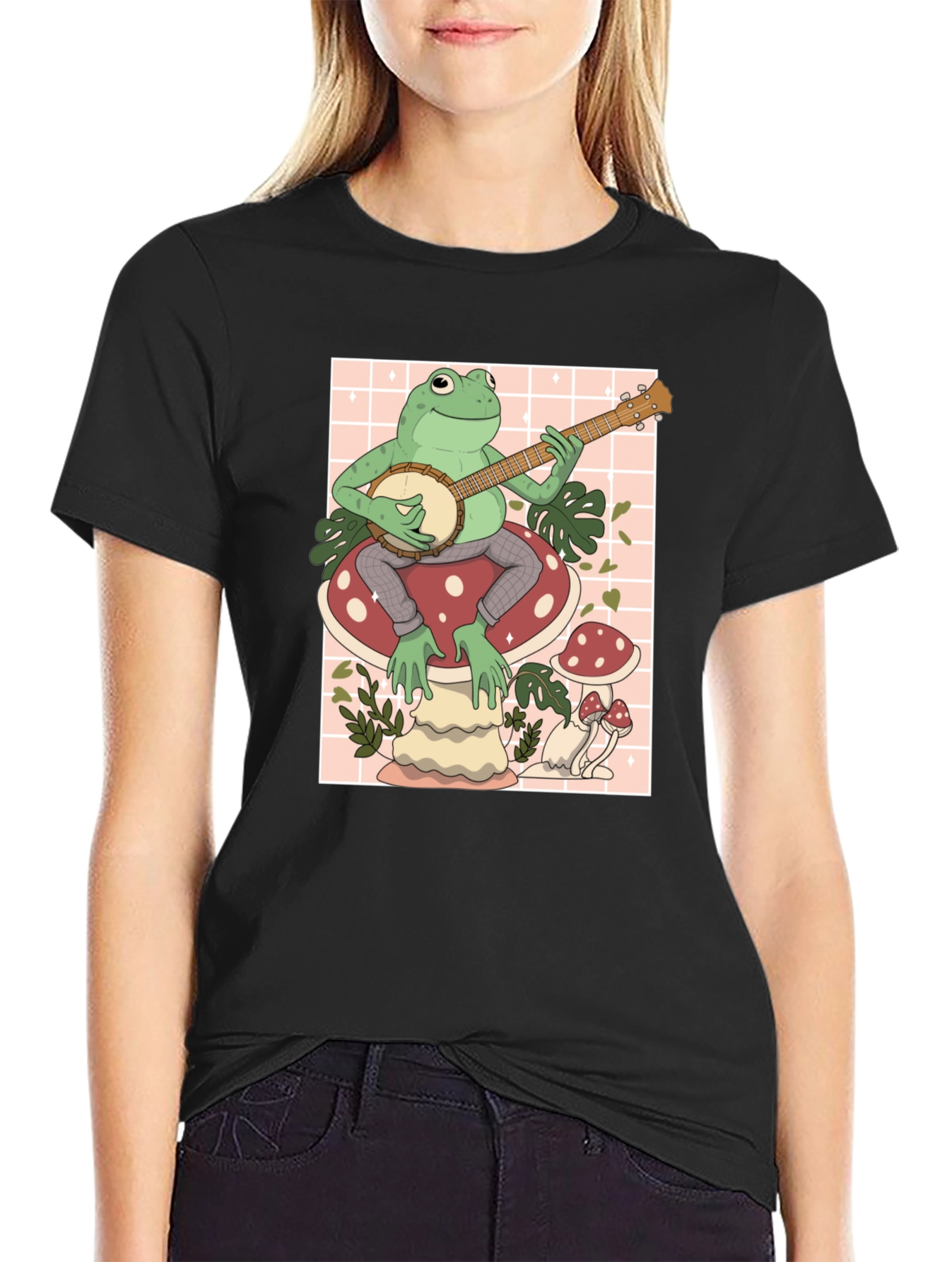 Frog on Mushroom Playing Banjo Graphic Tee