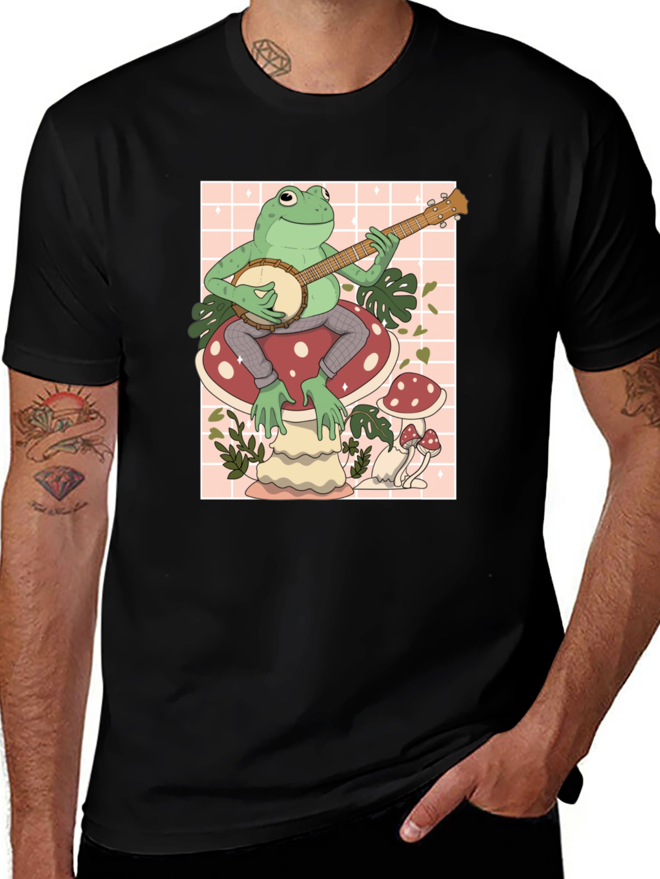 Frog on Mushroom Playing Banjo Graphic Tee