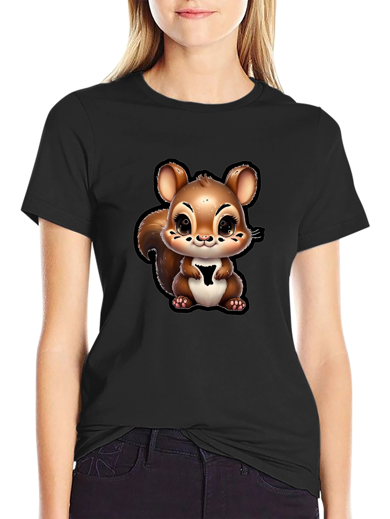 Cute Squirrel Graphic T-Shirt - Black