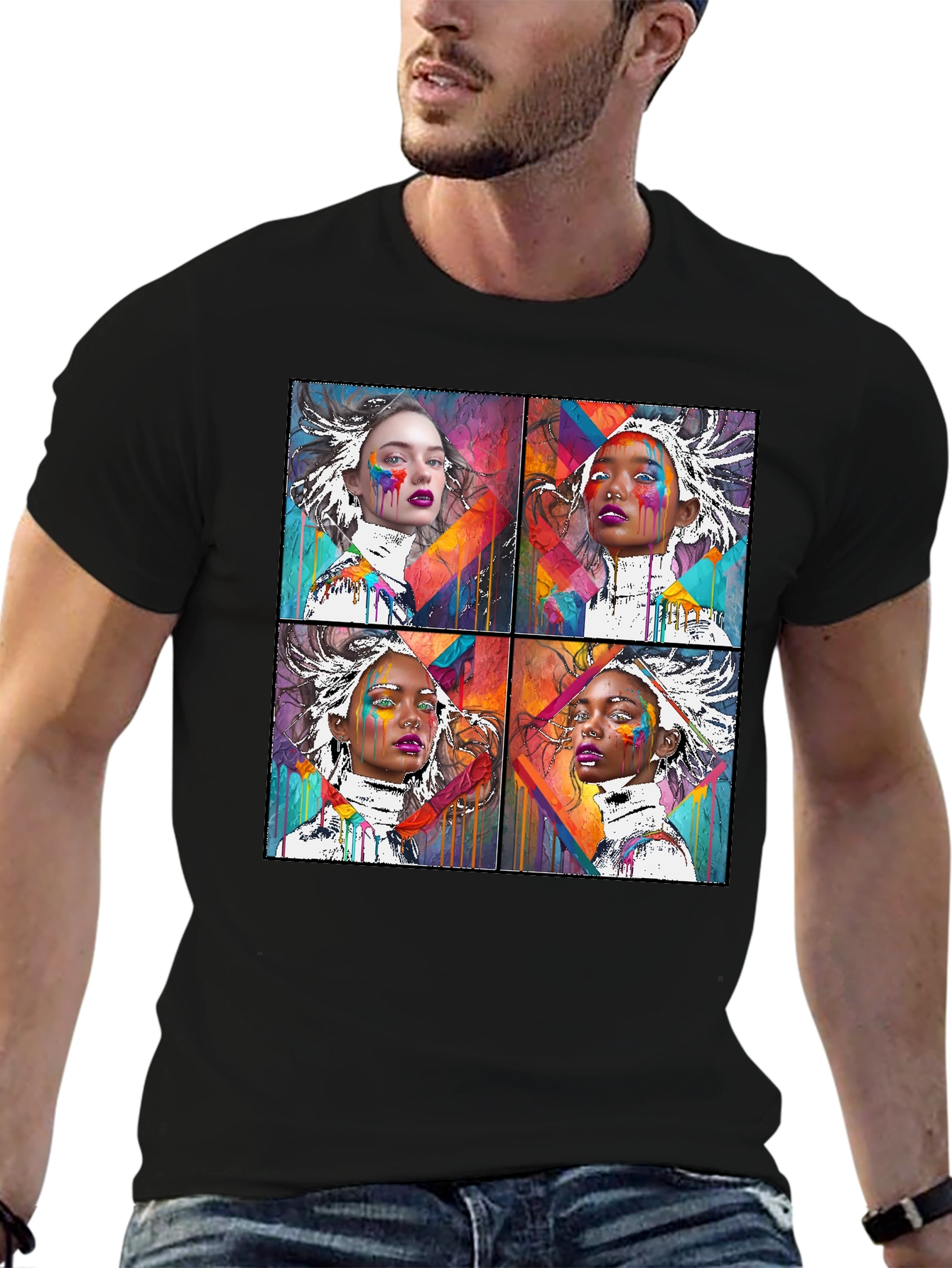 Abstract Art Faces Graphic Black T-Shirt