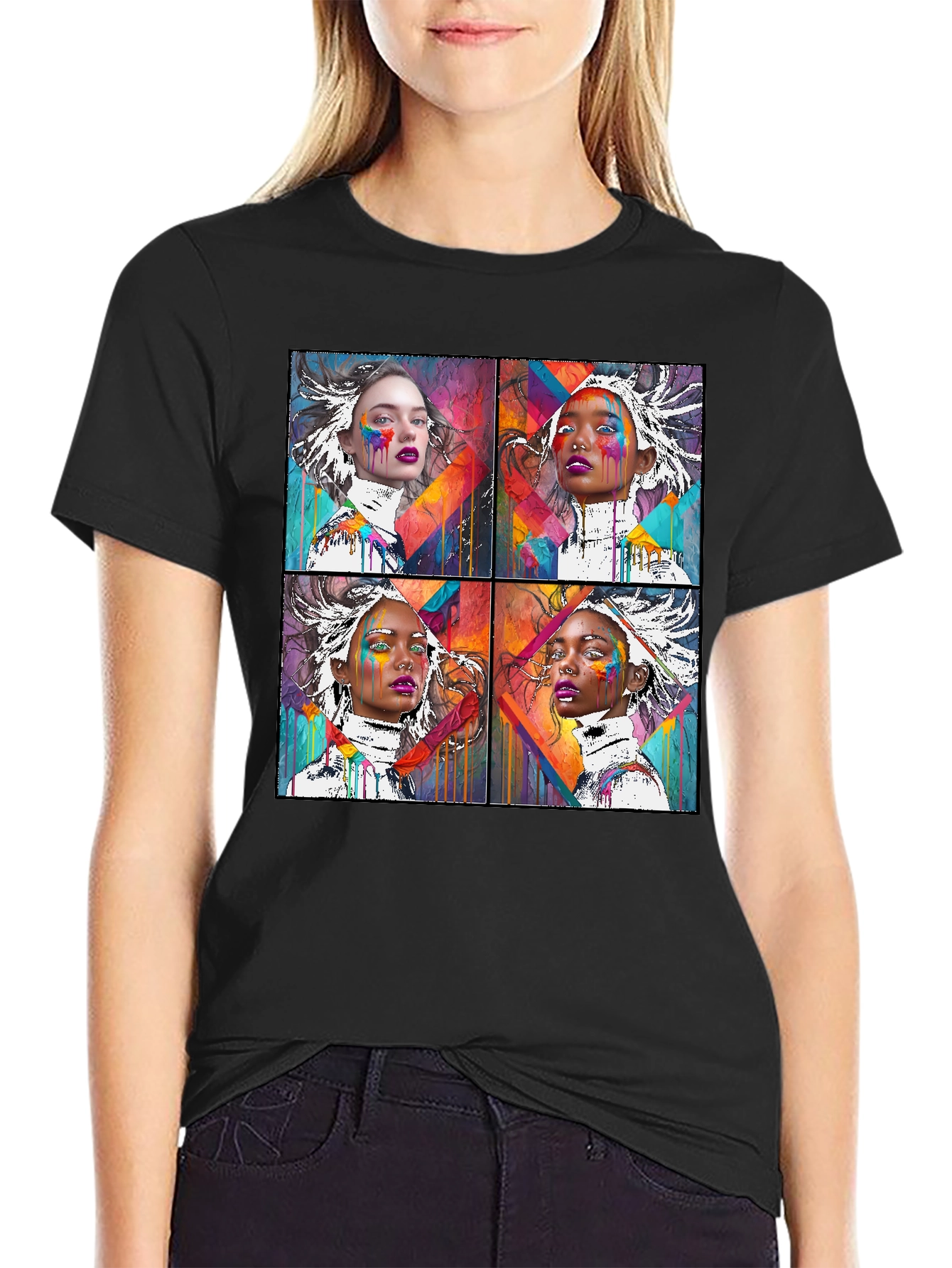 Abstract Art Faces Graphic Black T-Shirt