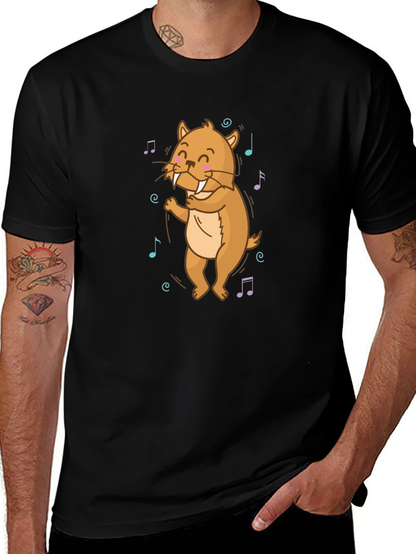 Dancing Walrus Music Notes Black T-Shirt