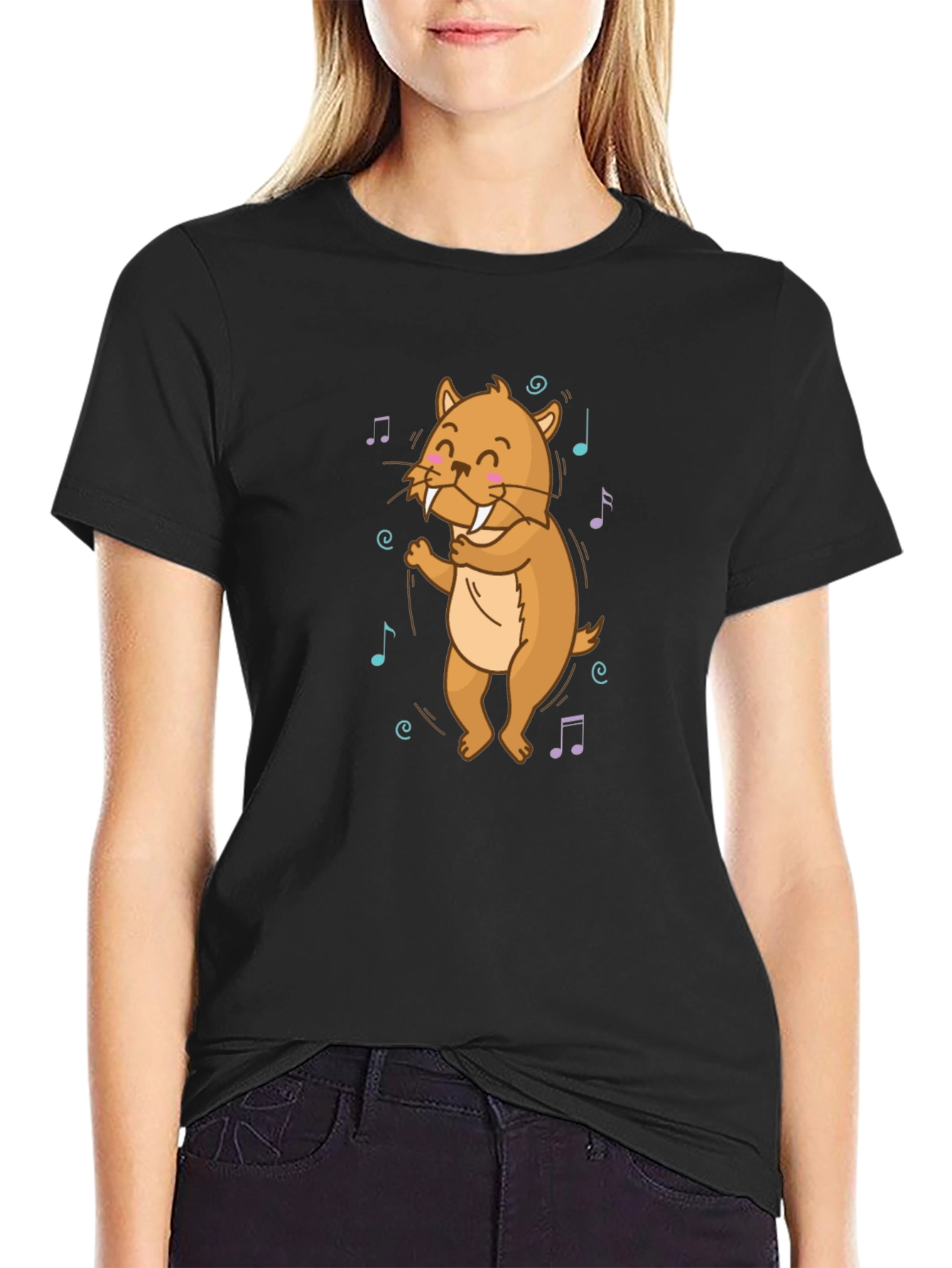 Dancing Walrus Music Notes Black T-Shirt