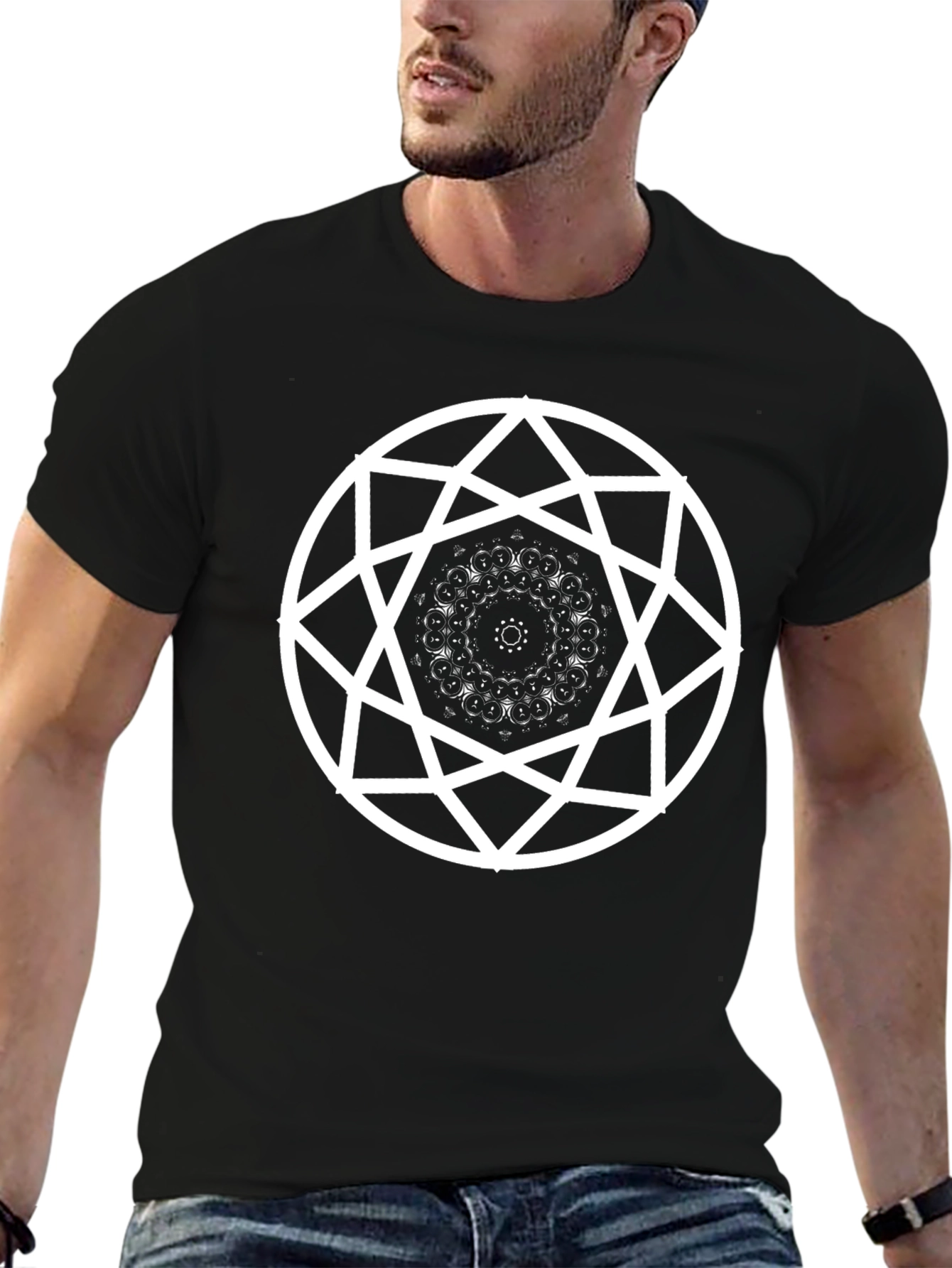 Geometric Mandala Graphic T-Shirt - Black