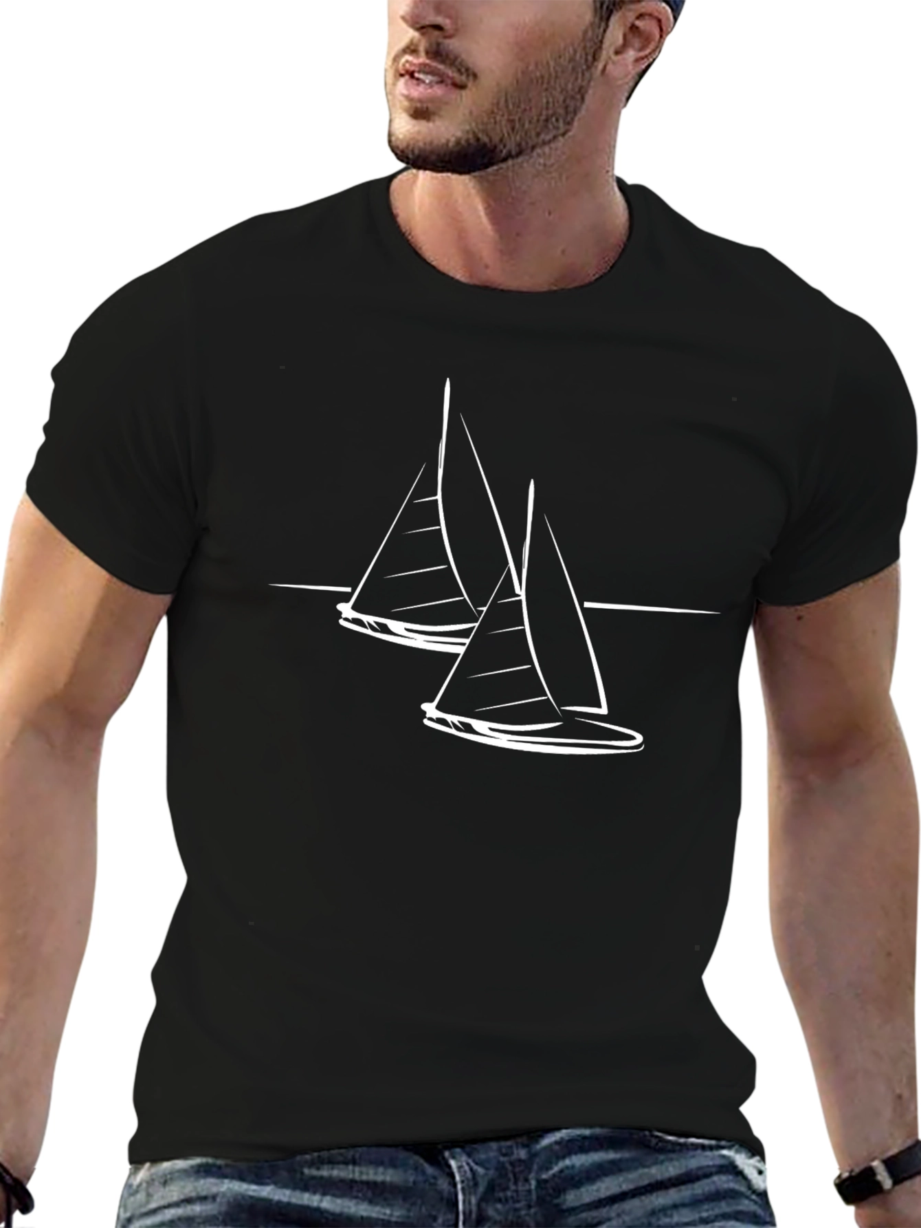 Nautical Sailboat Graphic Tee - Black Cotton T-Shirt