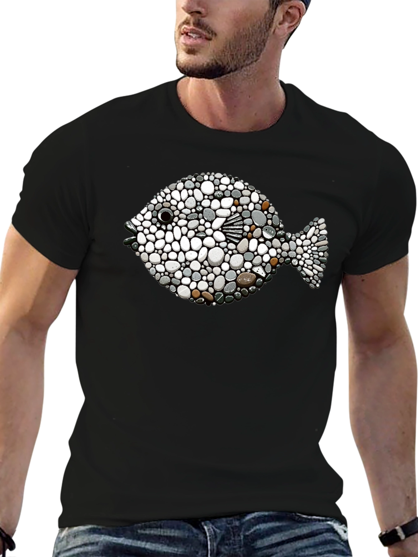Stone Pebble Fish Graphic Tee - Black