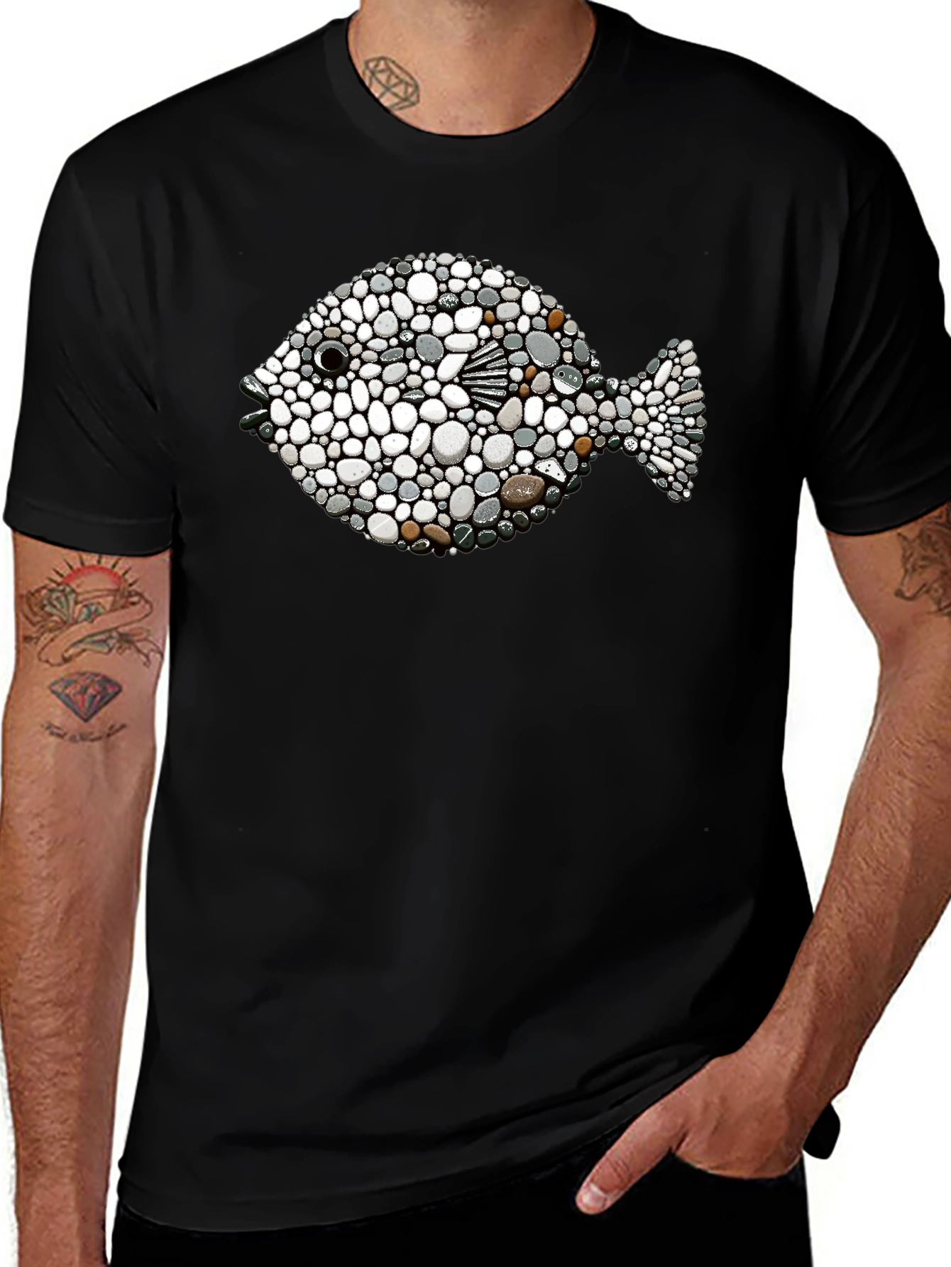 Stone Pebble Fish Graphic Tee - Black