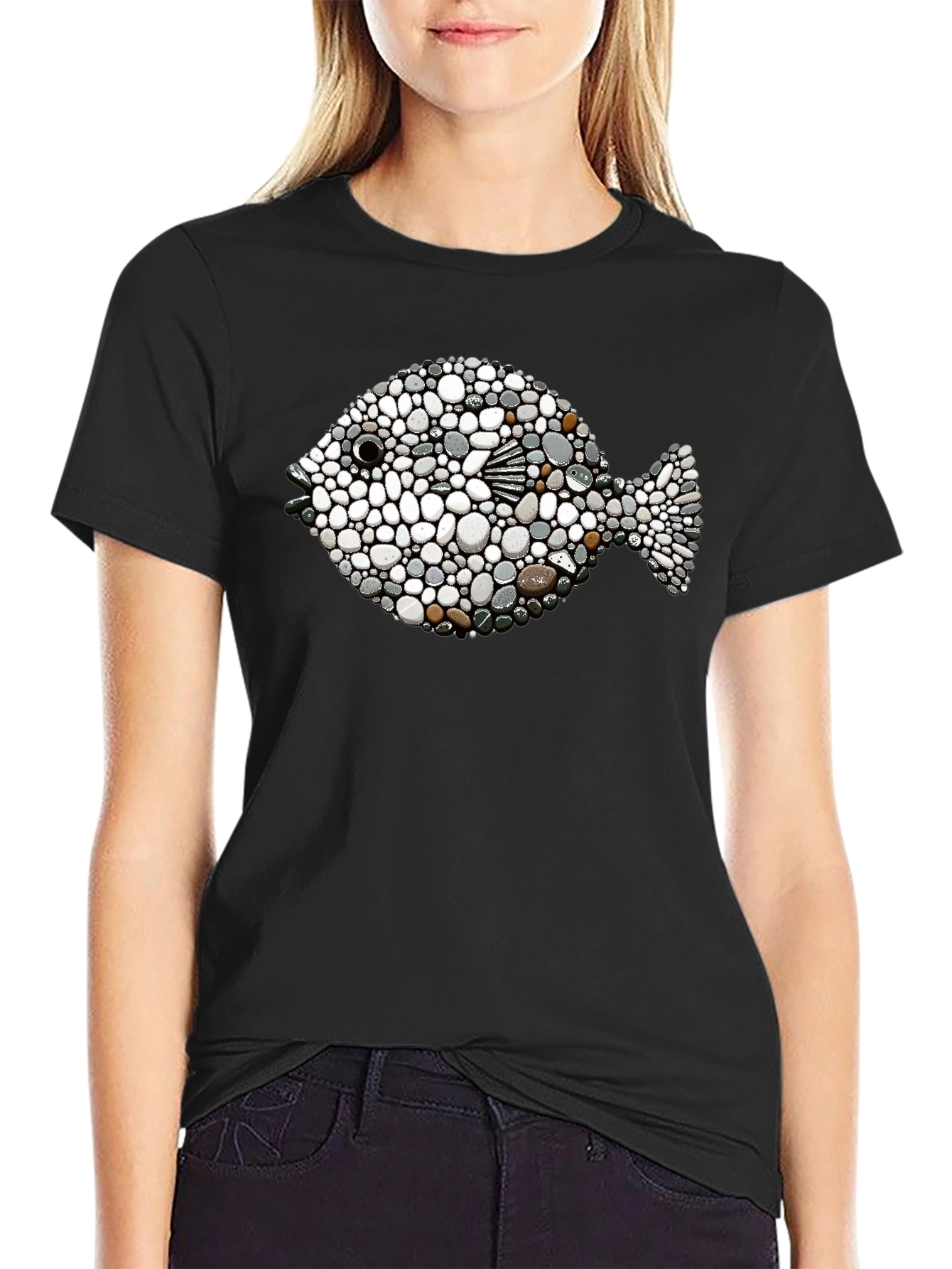 Stone Pebble Fish Graphic Tee - Black
