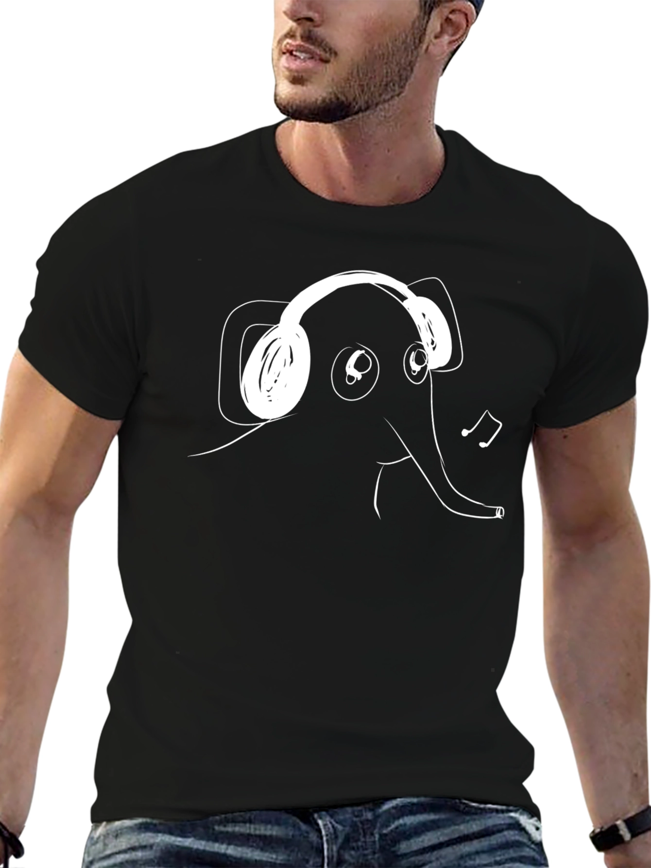 Elephant Wearing Headphones Black T-Shirt