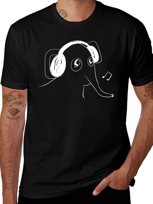 Elephant Wearing Headphones Black T-Shirt