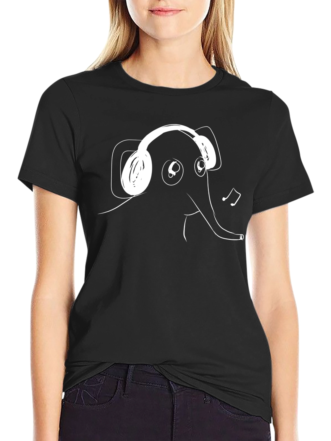 Elephant Wearing Headphones Black T-Shirt