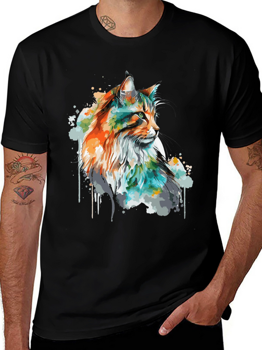 Watercolor Cat Graphic Black T-Shirt