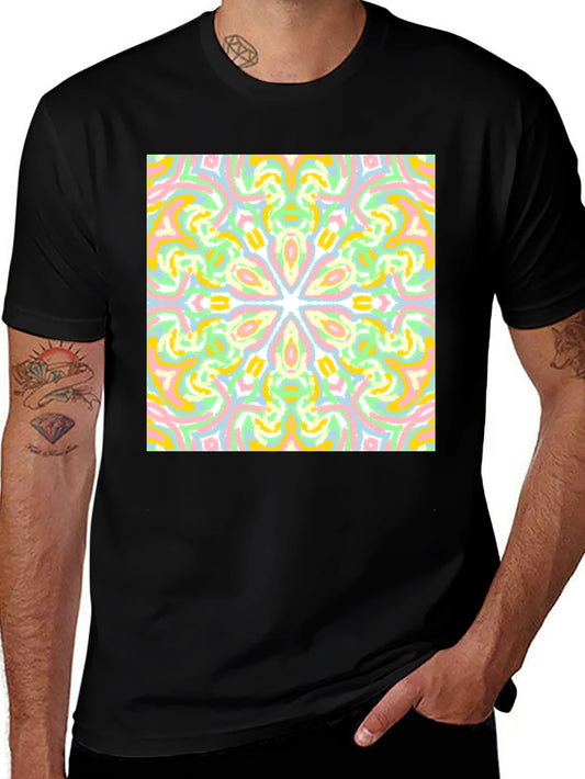 Colorful Mandala Graphic Tee - Black Cotton Casual T-Shirt