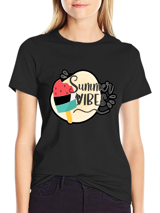 Summer Vibes Popsicle Graphic Tee - Black Cotton Casual Shirt