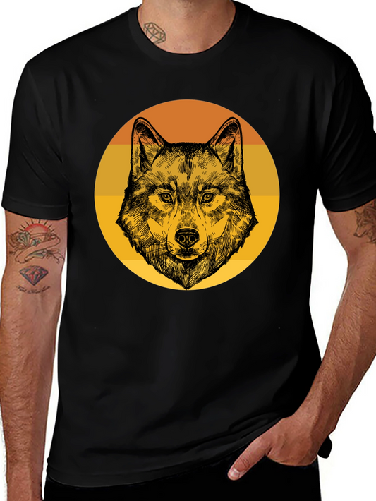 Wolf Graphic Tee - Retro Sunset Design - Black T-Shirt