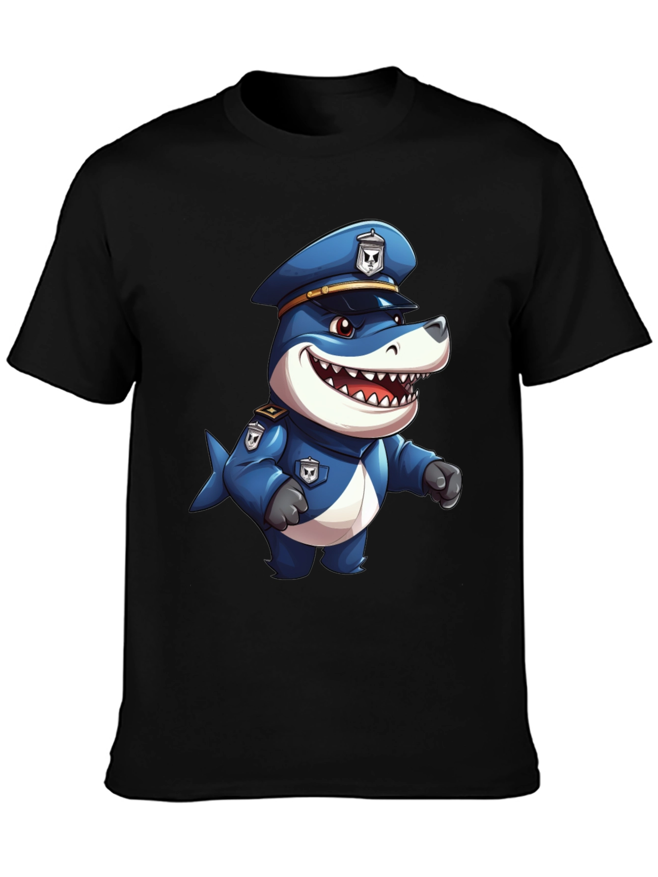 Cartoon Police Shark T-Shirt - Black Cotton Blend
