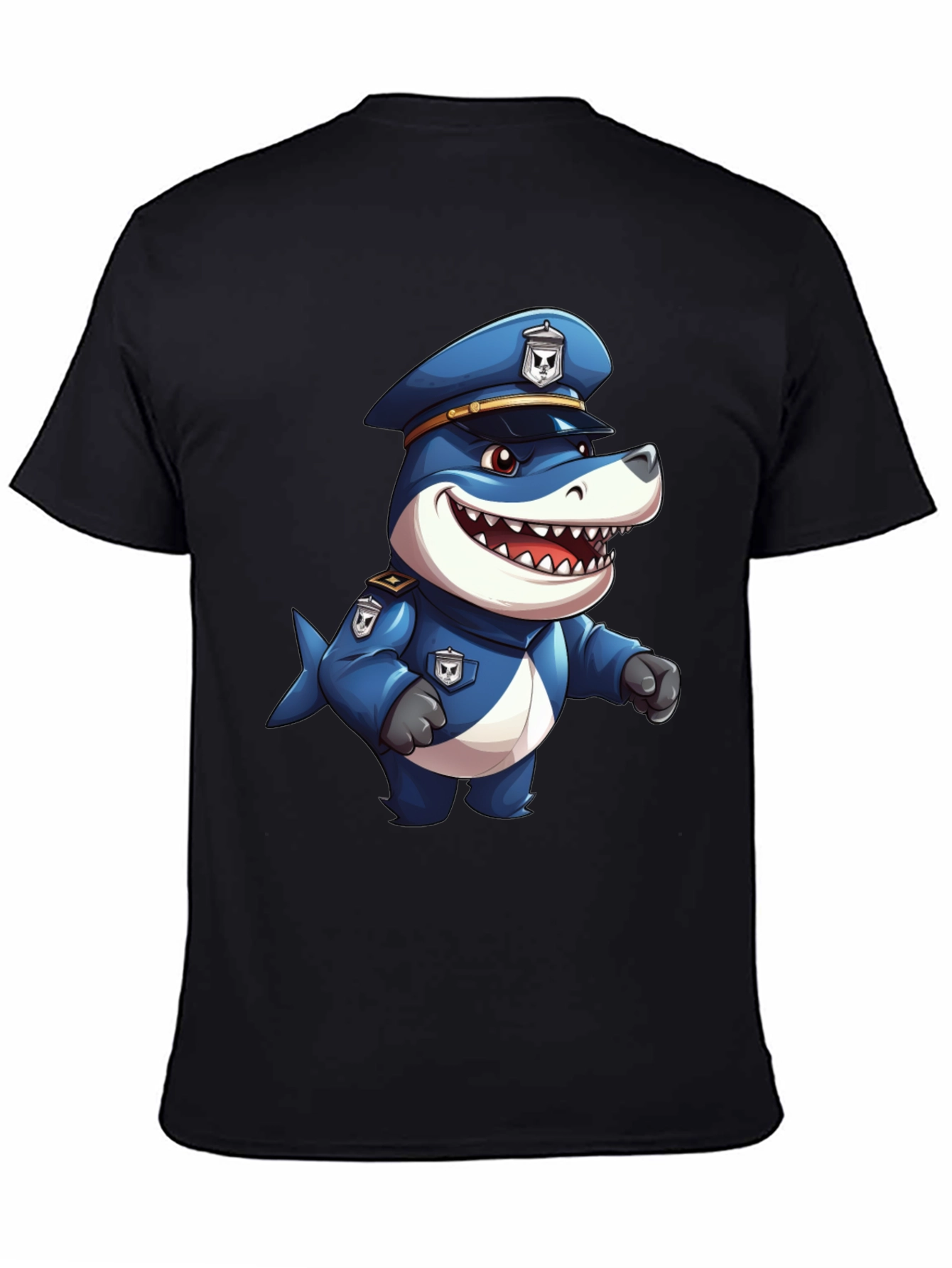 Cartoon Police Shark T-Shirt - Black Cotton Blend