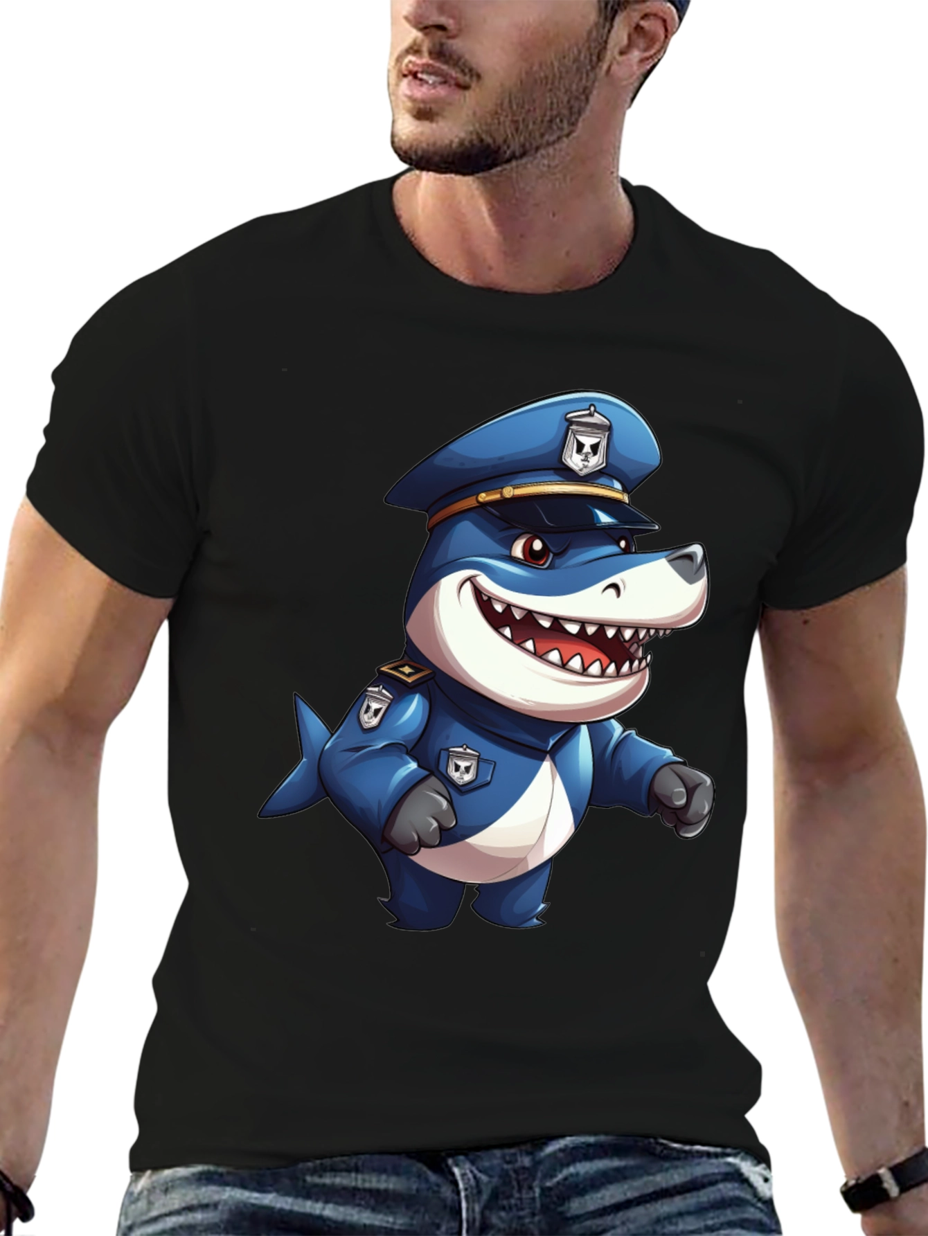 Cartoon Police Shark T-Shirt - Black Cotton Blend