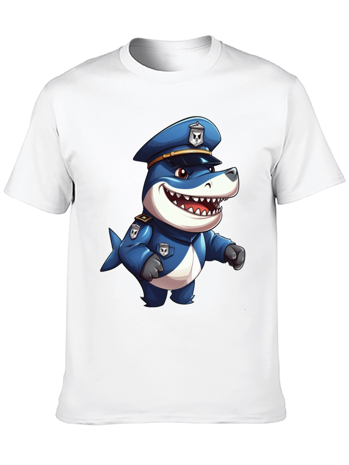 Cartoon Police Shark T-Shirt - Black Cotton Blend