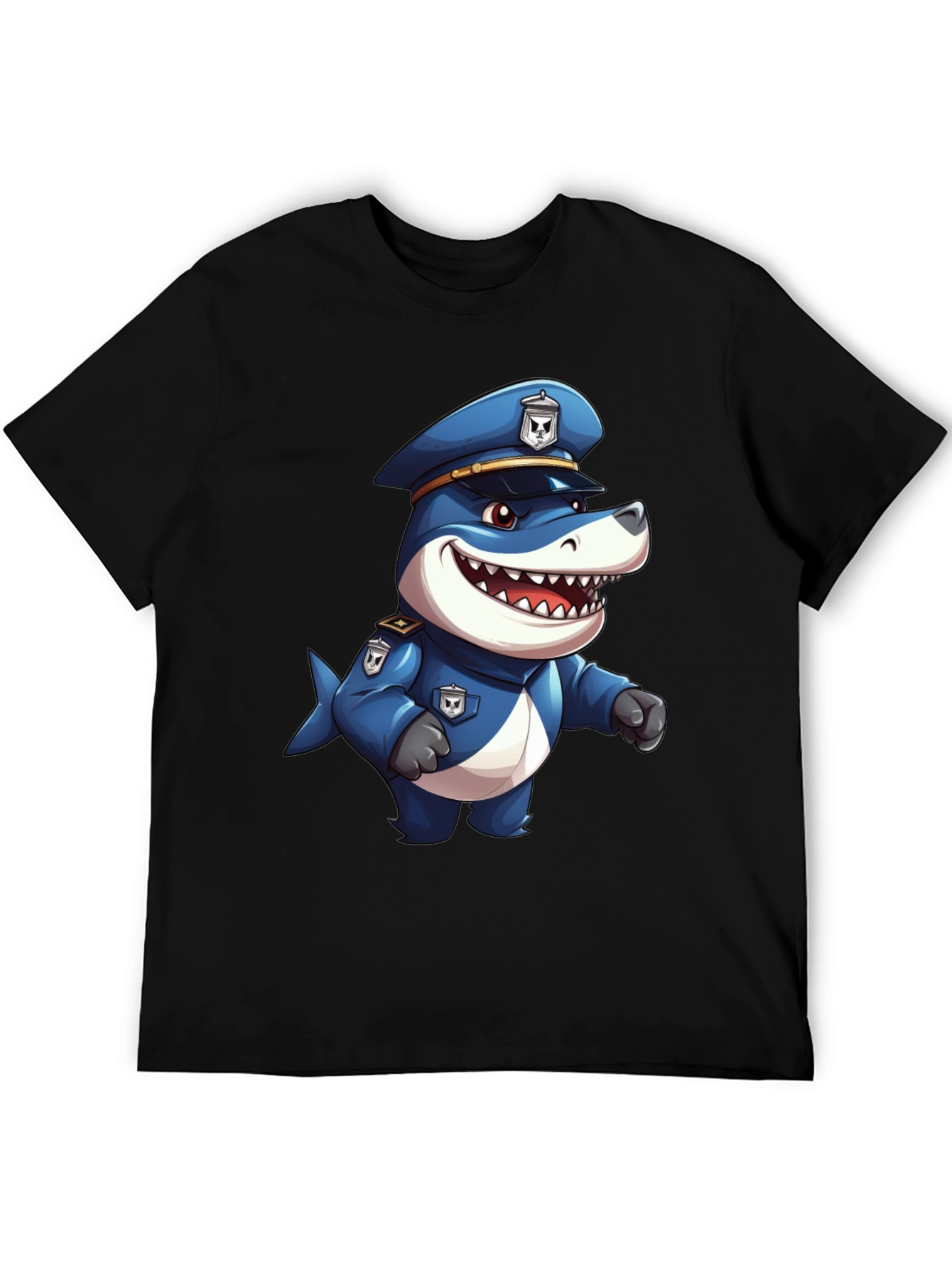 Cartoon Police Shark T-Shirt - Black Cotton Blend