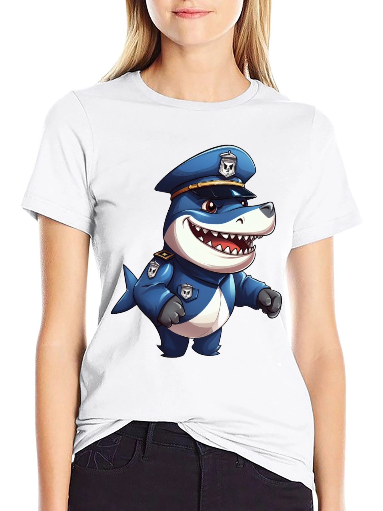 Cartoon Police Shark T-Shirt - Black Cotton Blend