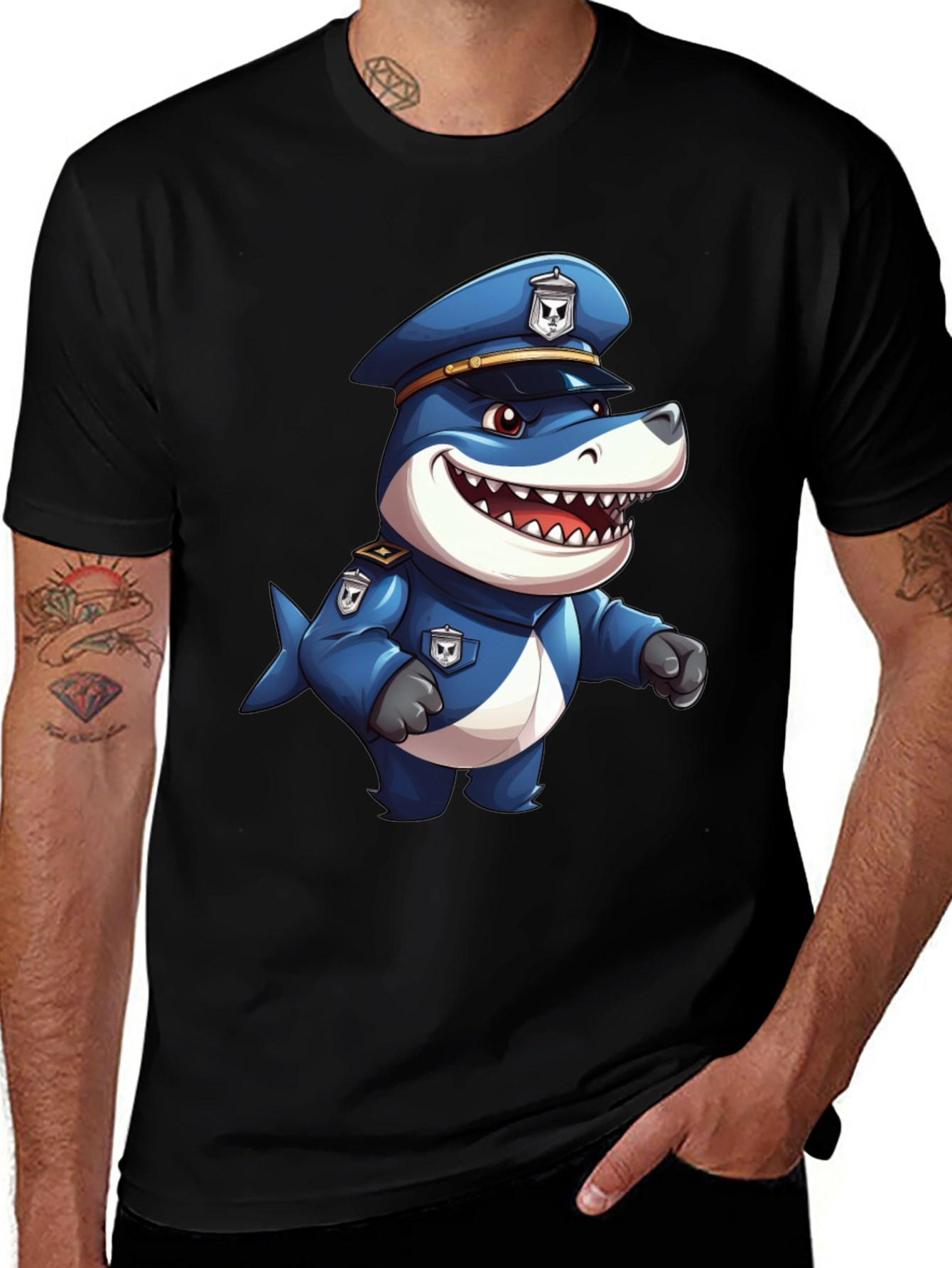 Cartoon Police Shark T-Shirt - Black Cotton Blend