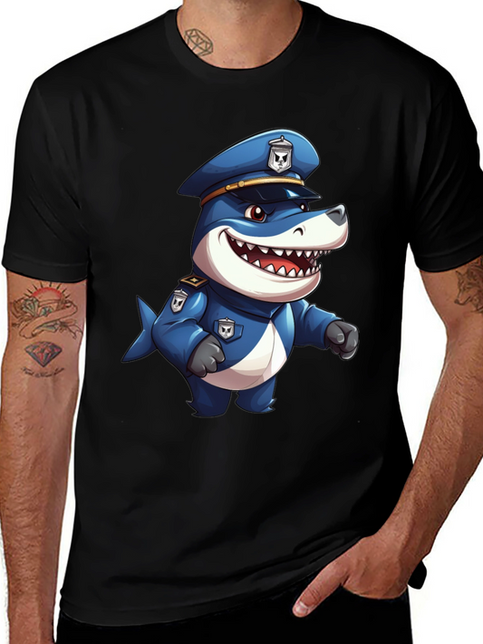 Cartoon Police Shark T-Shirt - Black Cotton Blend
