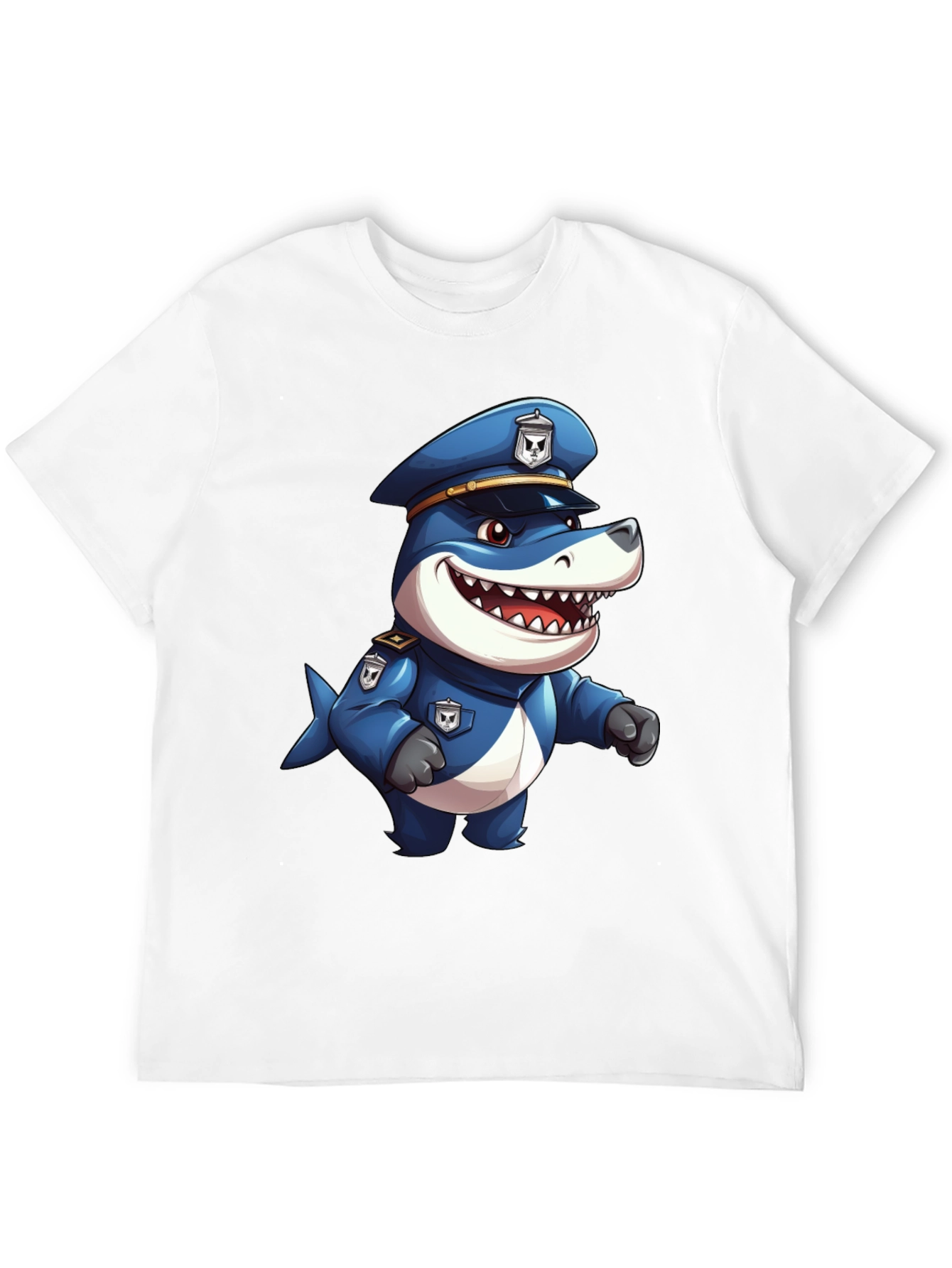 Cartoon Police Shark T-Shirt - Black Cotton Blend