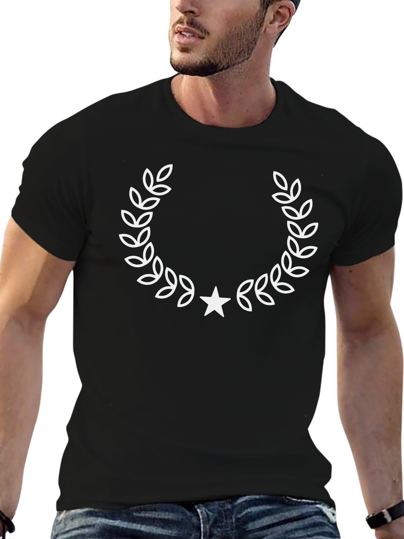 Mens Black T-Shirt with Laurel Wreath Star Design