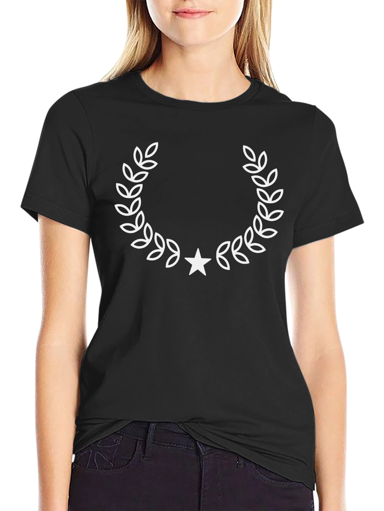 Mens Black T-Shirt with Laurel Wreath Star Design