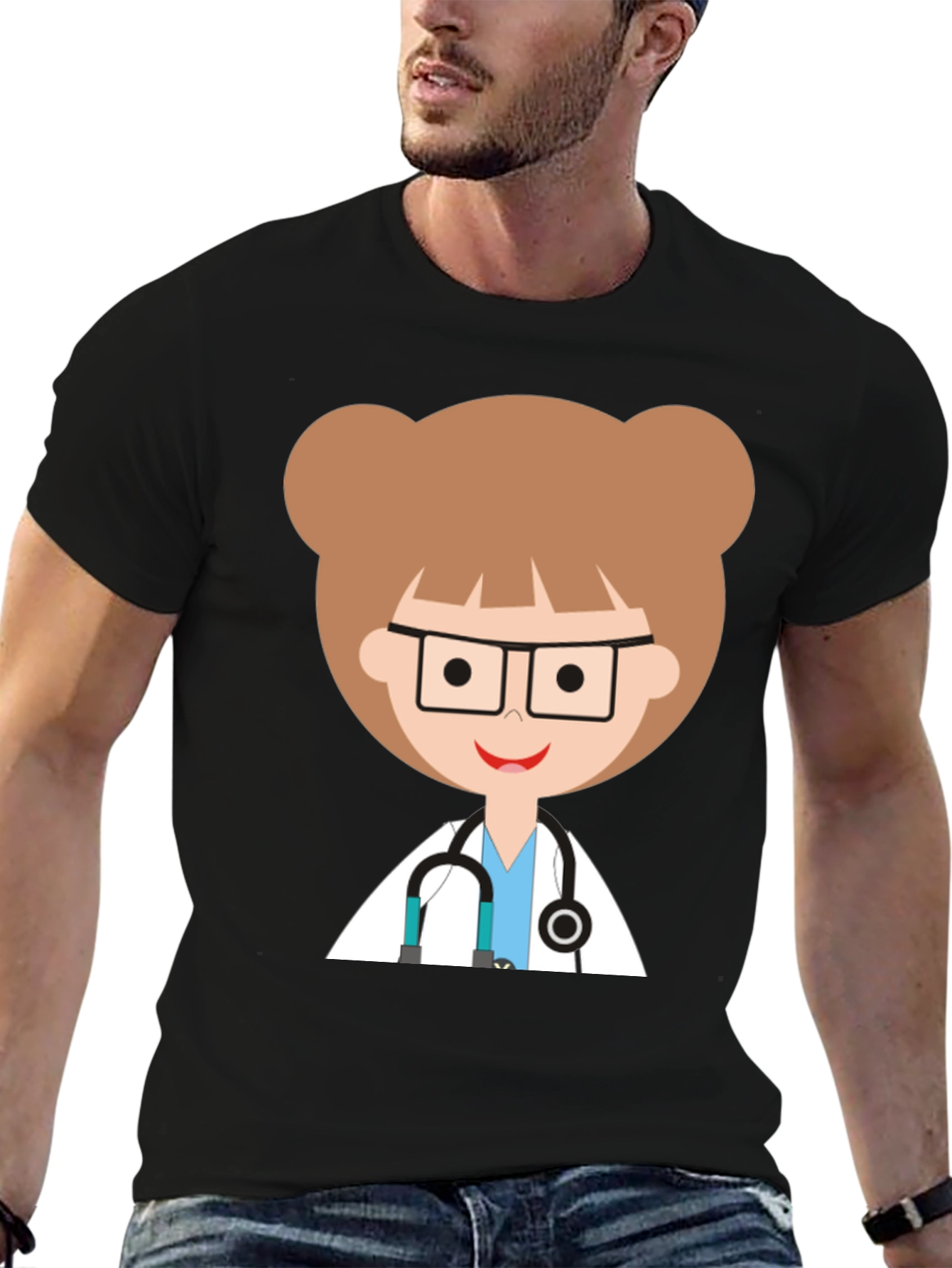 Doctor Cartoon Graphic Black T-Shirt