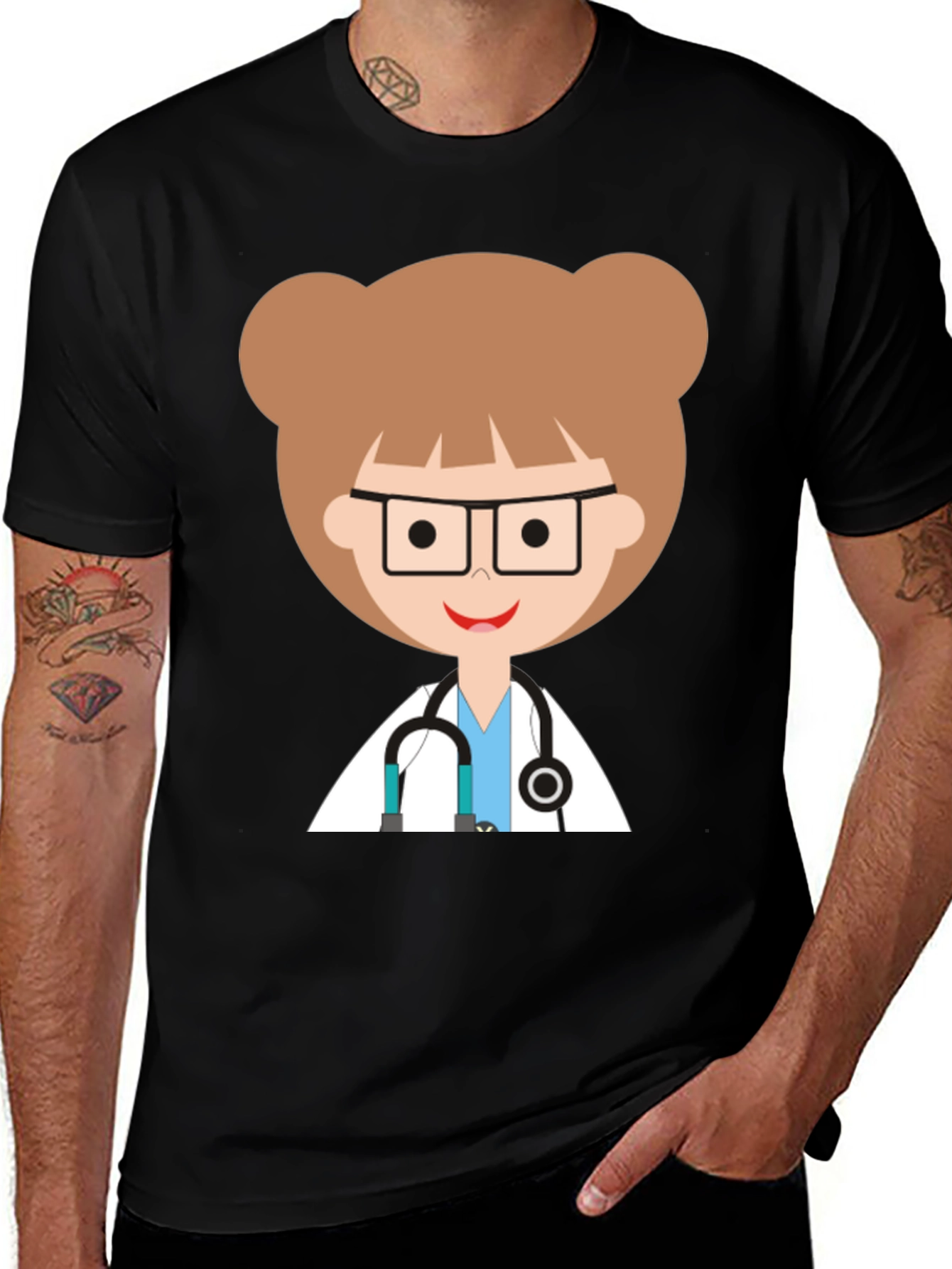 Doctor Cartoon Graphic Black T-Shirt