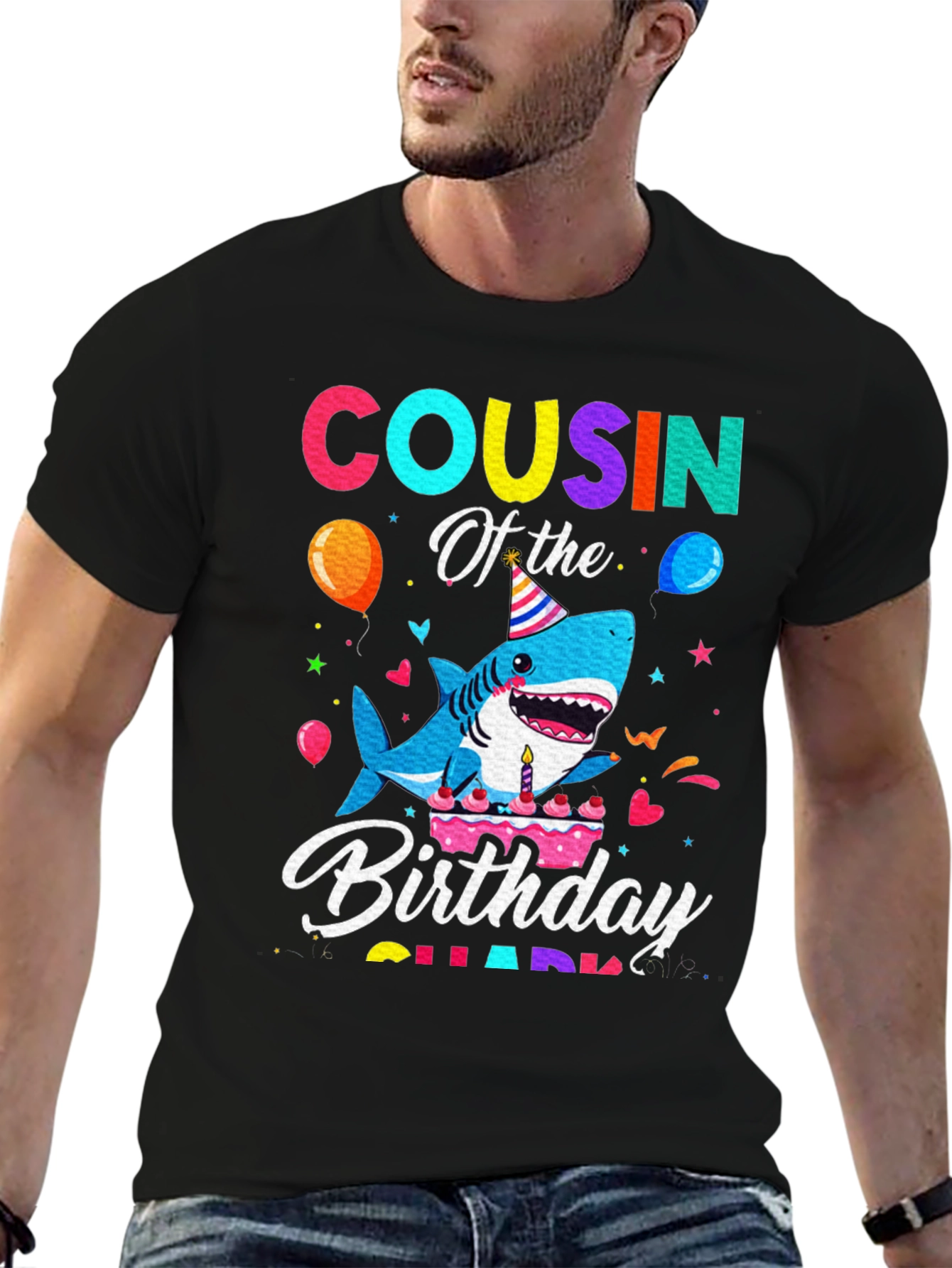 Cousin Of The Birthday Shark Black T-Shirt